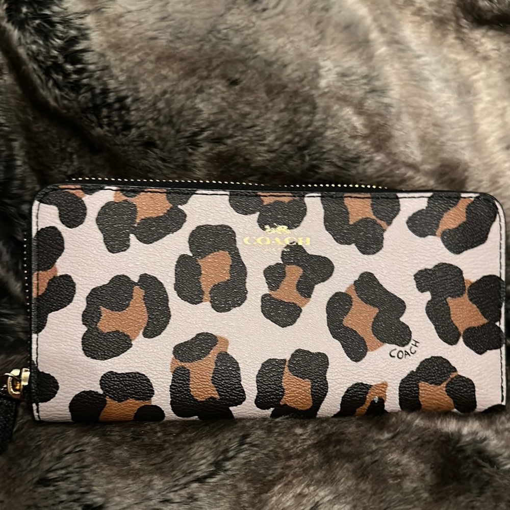 Coach Leopard Print Zip-Around Wallet in Pink, Brown & Black